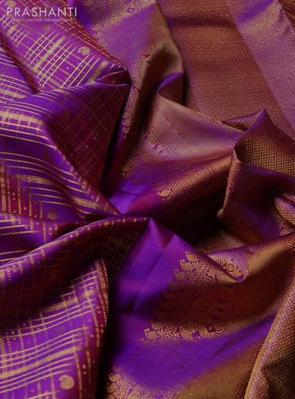 Puer kanchipuram silk saree purple with allover zari checks & buttas and rich zari woven border