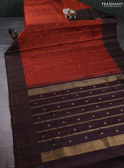 Puer kanchipuram silk saree rust shade and coffee brown with zari woven buttas and zari woven border