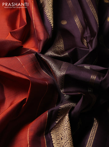 Puer kanchipuram silk saree rust shade and coffee brown with zari woven buttas and zari woven border