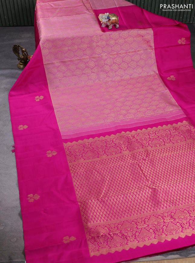 Pure kanchipuram silk saree light pink and pink with allover zari woven brocade weaves and simple zari woven butta border