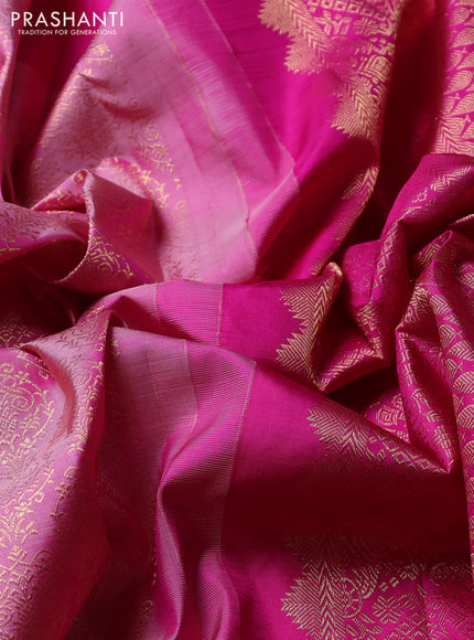 Puer kanchipuram silk saree light pink and pink with allover zari woven brocade weaves and simple zari woven butta border