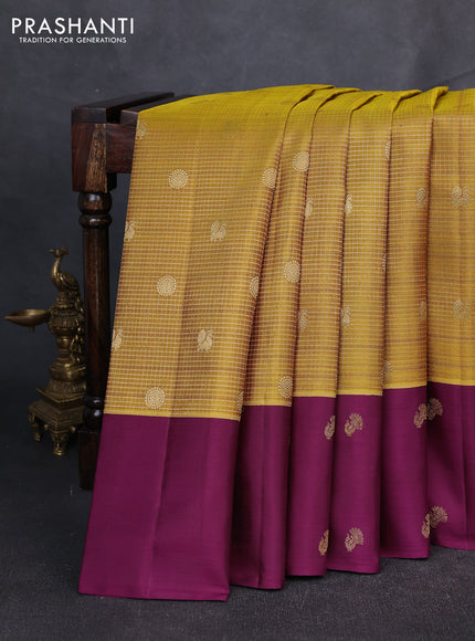 Puer kanchipuram silk saree mustard green and purple with allover zari checks & buttas and zari woven butta border
