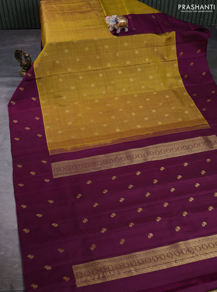 Puer kanchipuram silk saree mustard green and purple with allover zari checks & buttas and zari woven butta border