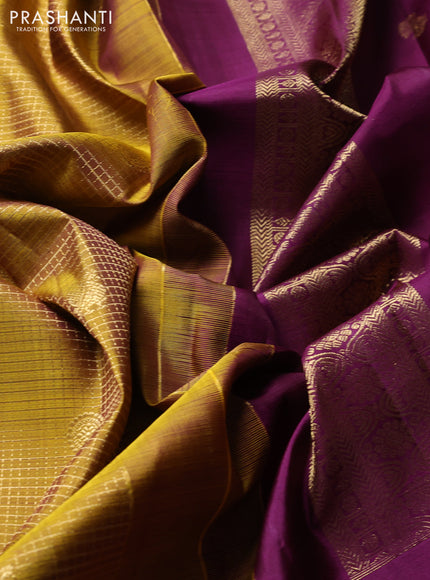 Puer kanchipuram silk saree mustard green and purple with allover zari checks & buttas and zari woven butta border