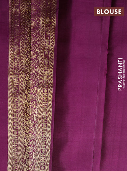 Puer kanchipuram silk saree mustard green and purple with allover zari checks & buttas and zari woven butta border