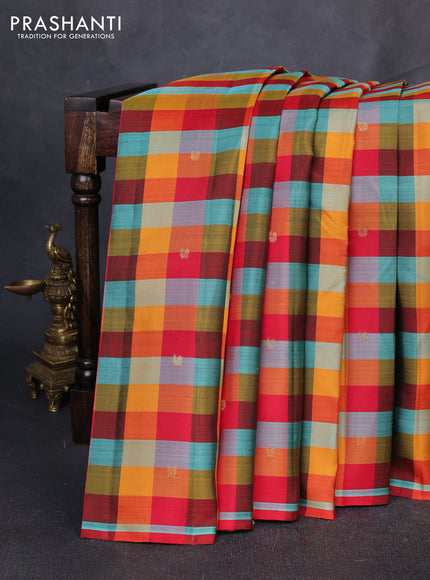 Puer kanchipuram silk saree multi colour with allover paalum pazhamum checked pattern in borderless style