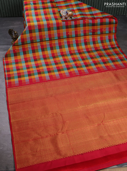 Puer kanchipuram silk saree multi colour with allover paalum pazhamum checked pattern in borderless style