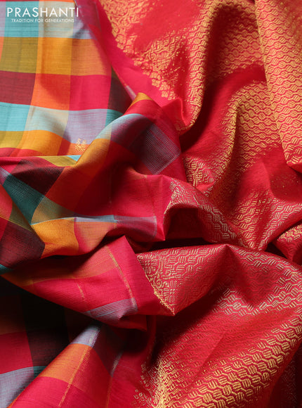 Puer kanchipuram silk saree multi colour with allover paalum pazhamum checked pattern in borderless style