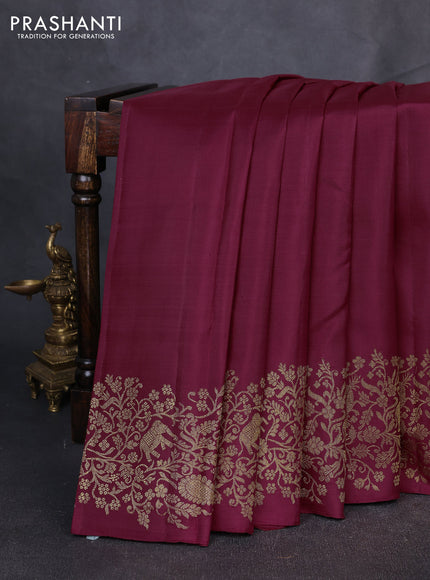 Puer kanchipuram silk saree deep wine shade with plain body and zari woven border