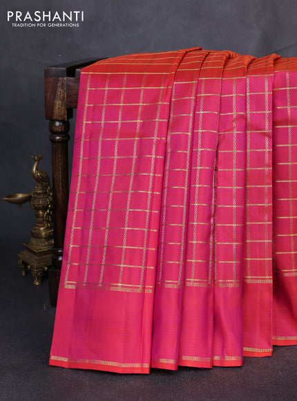 Puer kanchipuram silk saree dual shade of pinkish orange with allover zari checked pattern and rettapet zari woven border