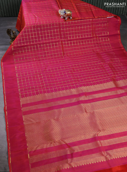 Puer kanchipuram silk saree dual shade of pinkish orange with allover zari checked pattern and rettapet zari woven border