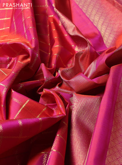 Puer kanchipuram silk saree dual shade of pinkish orange with allover zari checked pattern and rettapet zari woven border
