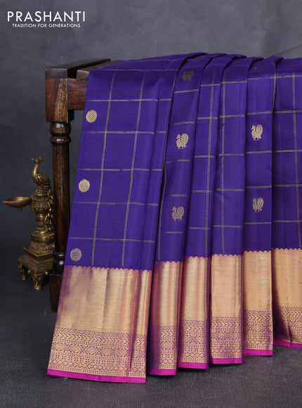 Puer kanchipuram silk saree violet and pink with allover zari checks & buttas and rich zari woven border