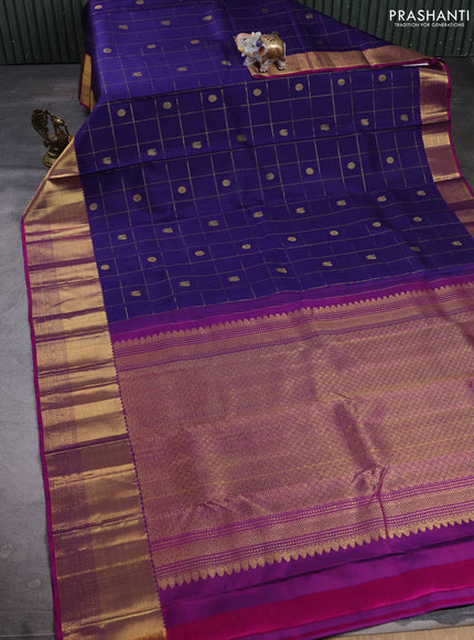 Puer kanchipuram silk saree violet and pink with allover zari checks & buttas and rich zari woven border