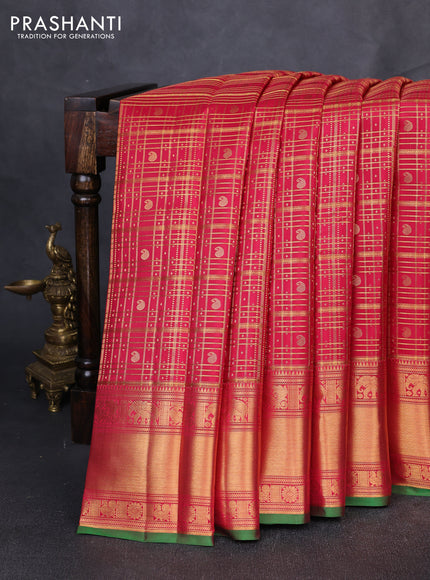 Puer kanchipuram silk saree tomato pink with allover zari checks & buttas and zari woven border