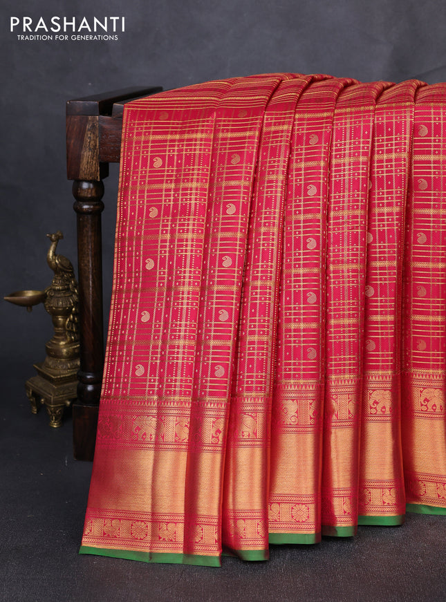 Pure kanchipuram silk saree tomato pink with allover zari checks & buttas and zari woven border