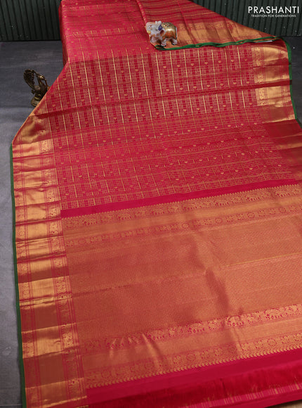 Puer kanchipuram silk saree tomato pink with allover zari checks & buttas and zari woven border
