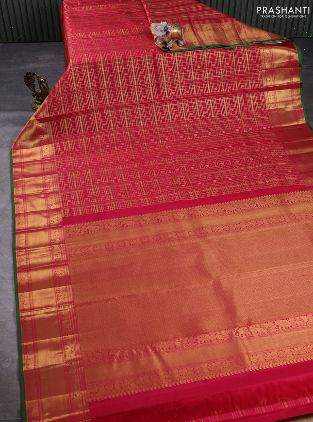Pure kanchipuram silk saree tomato pink with allover zari checks & buttas and zari woven border