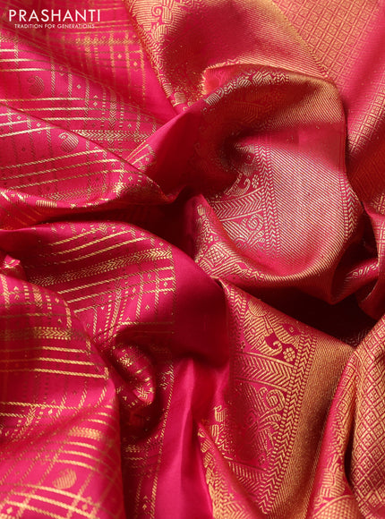 Puer kanchipuram silk saree tomato pink with allover zari checks & buttas and zari woven border