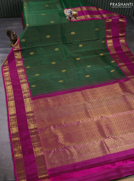 Puer kanchipuram silk saree green and magenta pink with allover zari stripe pattern and rettapet zari woven border