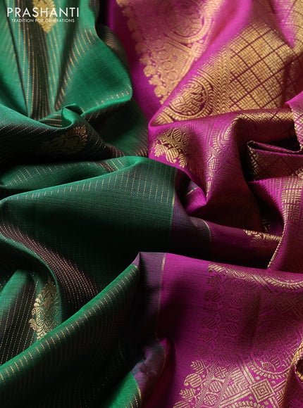 Puer kanchipuram silk saree green and magenta pink with allover zari stripe pattern and rettapet zari woven border