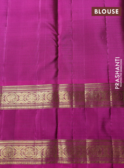 Puer kanchipuram silk saree green and magenta pink with allover zari stripe pattern and rettapet zari woven border
