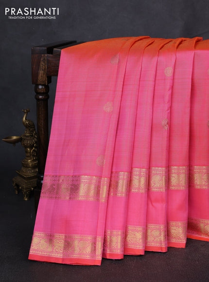 Puer kanchipuram silk saree candy pink with allover vairaosi pattern and rettapet zari woven border