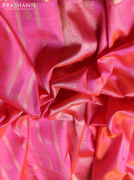 Puer kanchipuram silk saree candy pink with allover vairaosi pattern and rettapet zari woven border