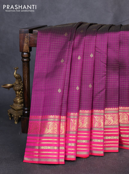 Puer kanchipuram silk saree purple and pink with allover zari checks & buttas and long zari woven border