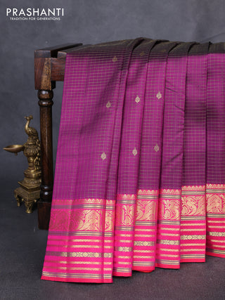 Pure kanchipuram silk saree purple and pink with allover zari checks & buttas and long zari woven border