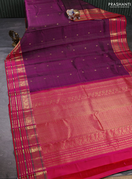 Puer kanchipuram silk saree purple and pink with allover zari checks & buttas and long zari woven border