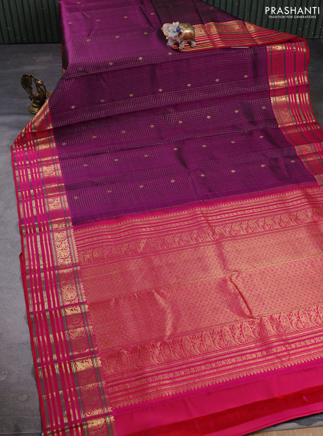 Pure kanchipuram silk saree purple and pink with allover zari checks & buttas and long zari woven border