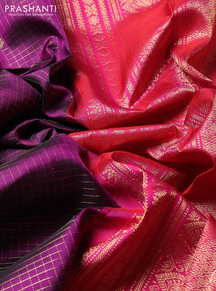Puer kanchipuram silk saree purple and pink with allover zari checks & buttas and long zari woven border