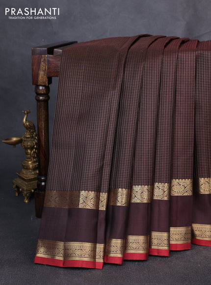 Puer kanchipuram silk saree coffee brown with allover zari small checked pattern and rettapet zari woven border