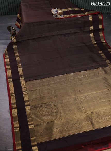 Puer kanchipuram silk saree coffee brown with allover zari small checked pattern and rettapet zari woven border