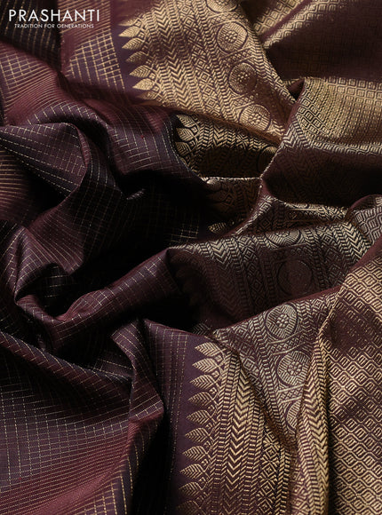 Puer kanchipuram silk saree coffee brown with allover zari small checked pattern and rettapet zari woven border