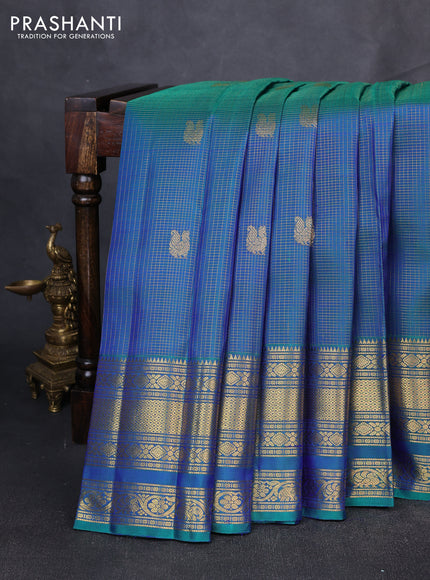 Puer kanchipuram silk saree green shade with allover small zari checks & buttas and long zari woven border