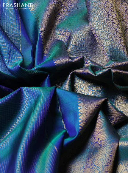 Puer kanchipuram silk saree green shade with allover small zari checks & buttas and long zari woven border