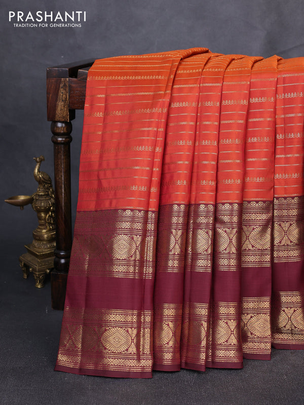 Puer kanchipuram silk saree rust shade with allover zari weaves and long rettapet zari woven border