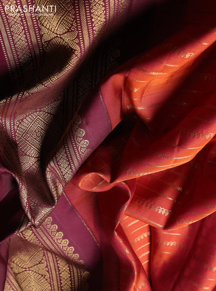 Puer kanchipuram silk saree rust shade with allover zari weaves and long rettapet zari woven border