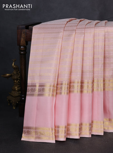 Puer kanchipuram silk saree pastel pink with allover zari weaves and long rettapet zari woven border