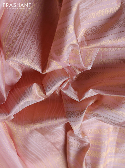 Puer kanchipuram silk saree pastel pink with allover zari weaves and long rettapet zari woven border