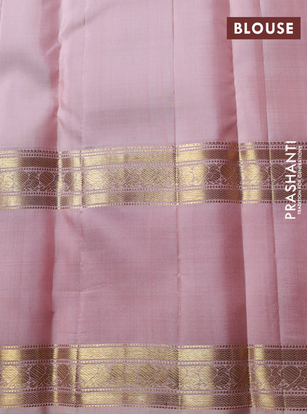 Puer kanchipuram silk saree pastel pink with allover zari weaves and long rettapet zari woven border
