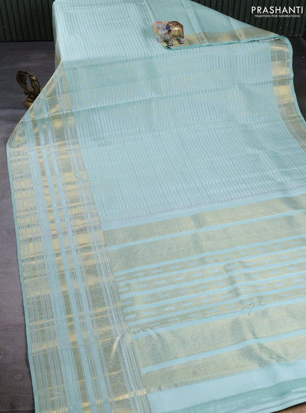Puer kanchipuram silk saree mild teal with allover zari weaves and long zari woven border