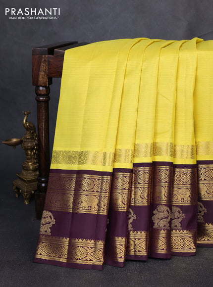 Puer kanchipuram silk saree lime yellow and deep wine shade with allover vairaosi pattern and long zari woven korvai border