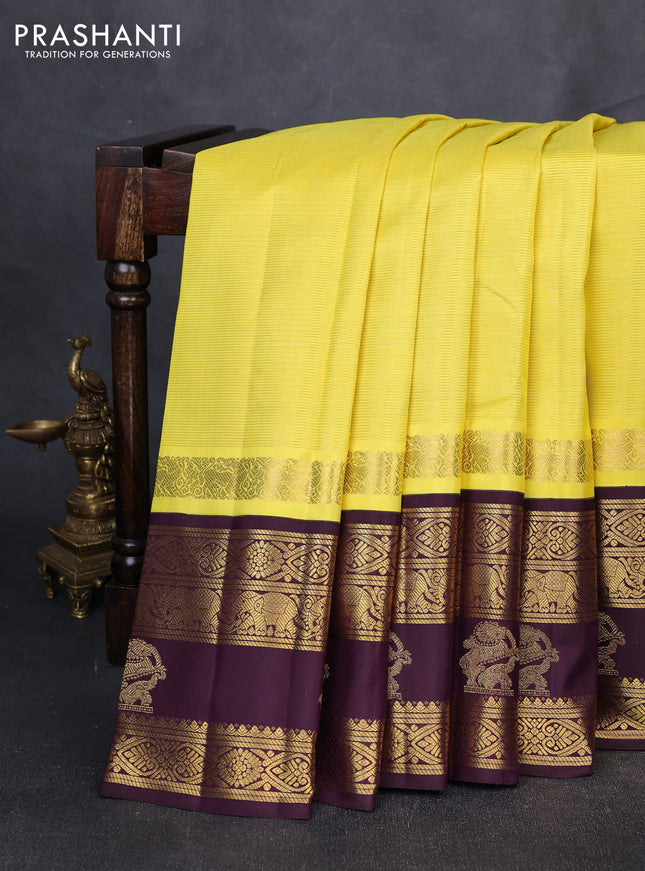 Pure kanchipuram silk saree lime yellow and deep wine shade with allover vairaosi pattern and long zari woven korvai border