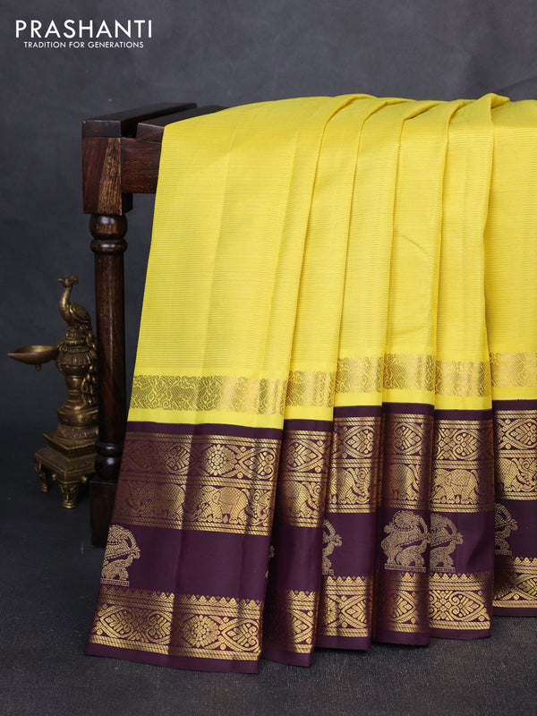 Puer kanchipuram silk saree lime yellow and deep wine shade with allover vairaosi pattern and long zari woven korvai border