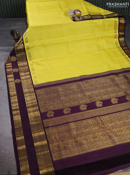 Puer kanchipuram silk saree lime yellow and deep wine shade with allover vairaosi pattern and long zari woven korvai border