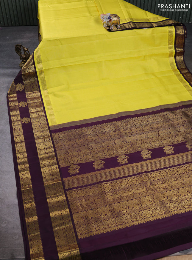 Pure kanchipuram silk saree lime yellow and deep wine shade with allover vairaosi pattern and long zari woven korvai border
