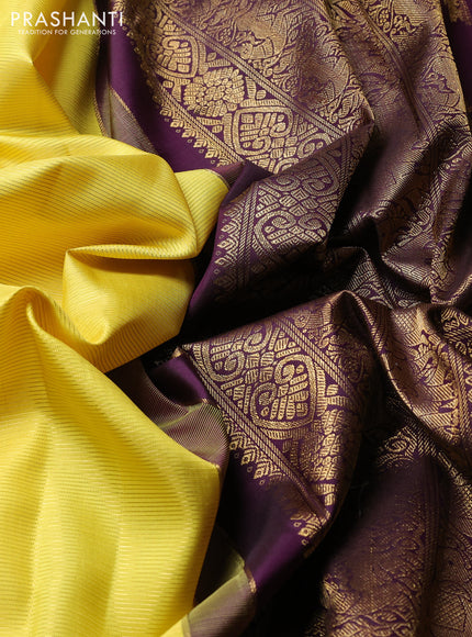 Puer kanchipuram silk saree lime yellow and deep wine shade with allover vairaosi pattern and long zari woven korvai border